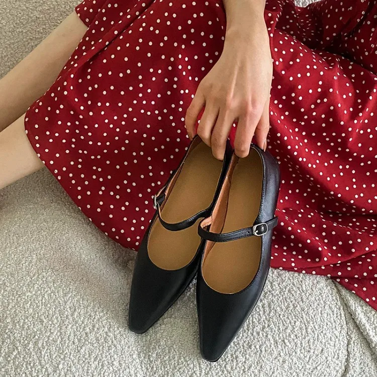 Xinzirain Private Label Female Flat Ballet Shoes Fashion Pointy Toe Black Full Leather Women Mary Jane Shoes For Ladies