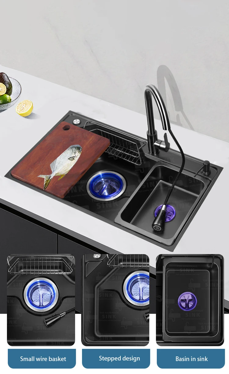 Apartment Nano Stainless Steel Handmade Sinks Dish Drainer Rack Basket Big Holes Drainage Smart Modern Kitchen Sink