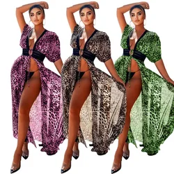 Summer Dress Women Clothing Leopard Print Waist Hollow Out Stitching Lace Chiffon Maxi Dresses Swimsuit Smock Dress