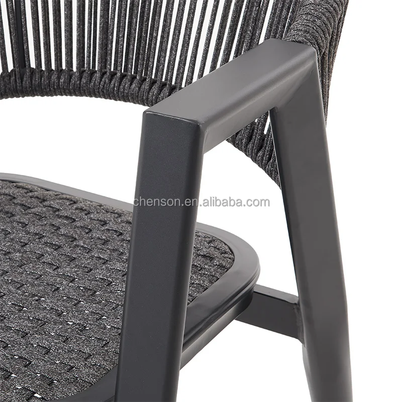 Modern Luxury Design Black Coffee Shop Sets High Quality Patio Aluminum Rope Chairs and Round HPL Table Restaurant Dining Set