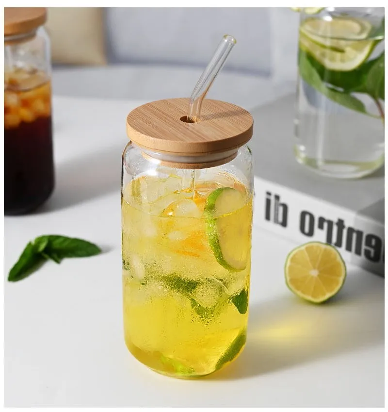 Drinking Glasses with Bamboo Lids and Glass Straw 4pcs Set - 16oz Can Shaped Glass Cups, Beer Glasses, Iced Coffee Glasses, Cute