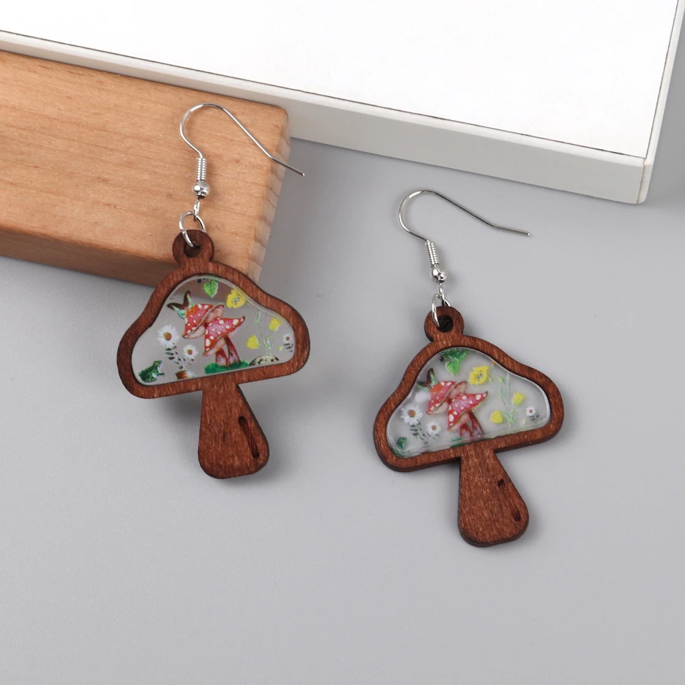 Cartoon Wood Mushroom Earrings Print Wholesale Wooden Original Forest Flowers Frog Mushroom Butterfly Clear Acrylic Custom FS