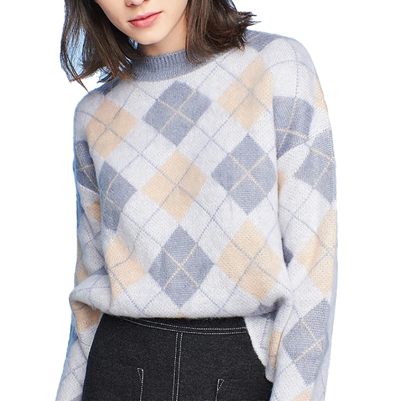 hot selling women fashion plaid knitted o neck women cashmere sweater