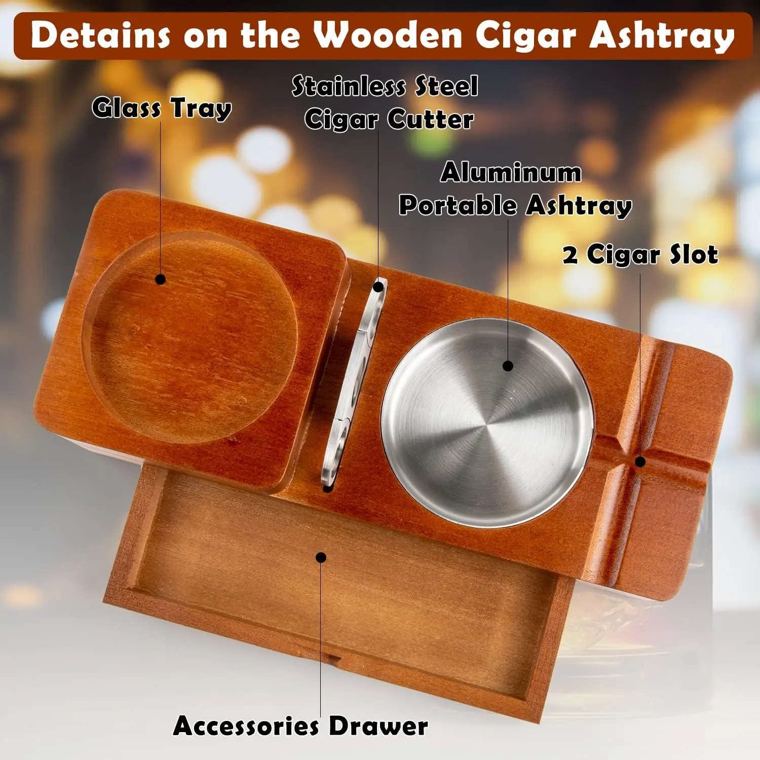 Custom logo gifts set bamboo wood cigar ashtray and whiskey glass holder