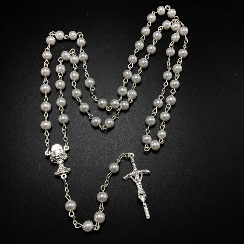 6mm glass pearl bead rosary N1335 with sterling silver chain red and pearl color necklace