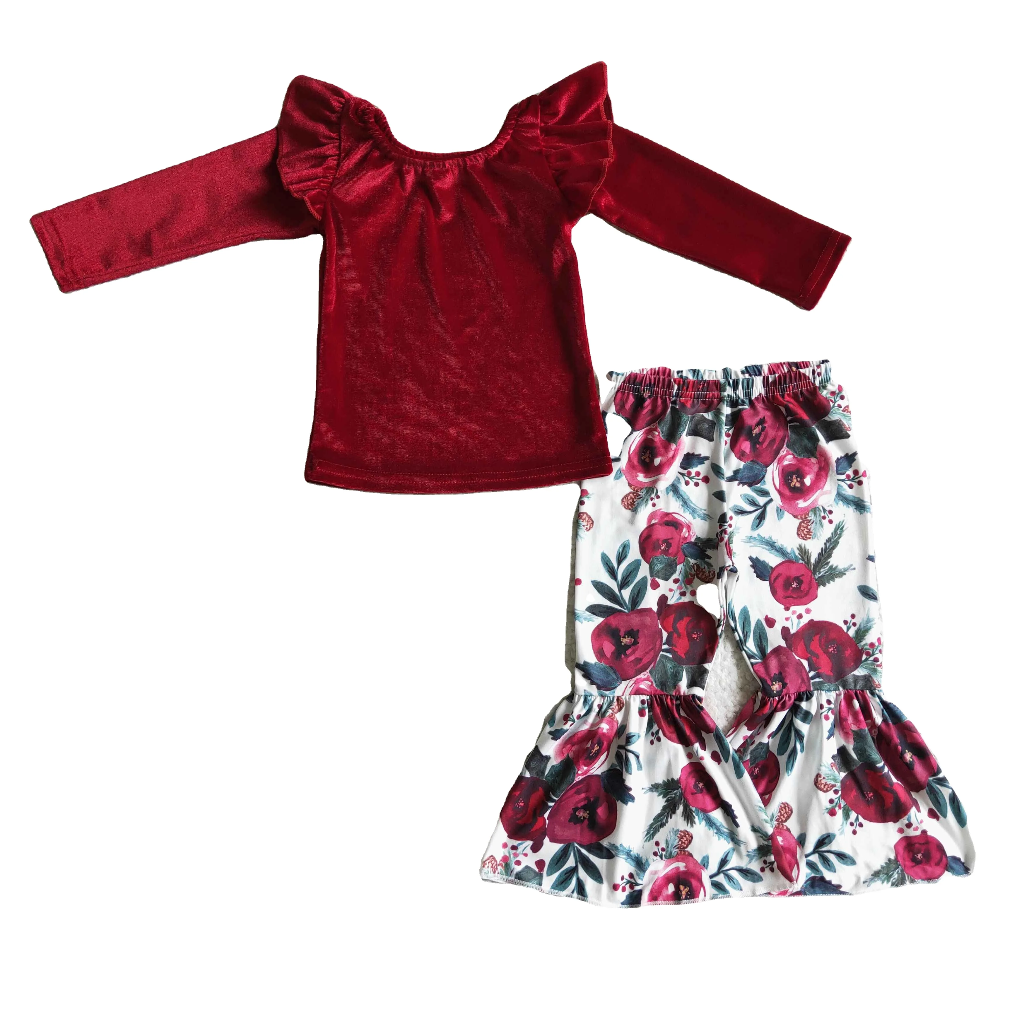 GLP0361 girls outfit red gold velvet long sleeve and long pants flower print