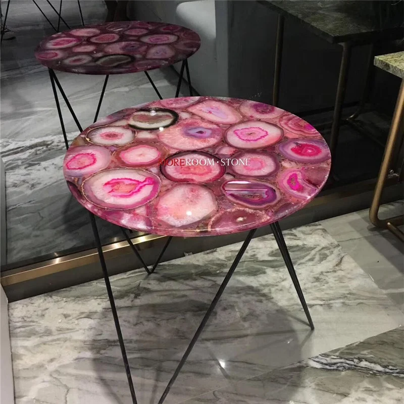 Luxury Natural Gemstone Small Round Pink Agate Coffee Table