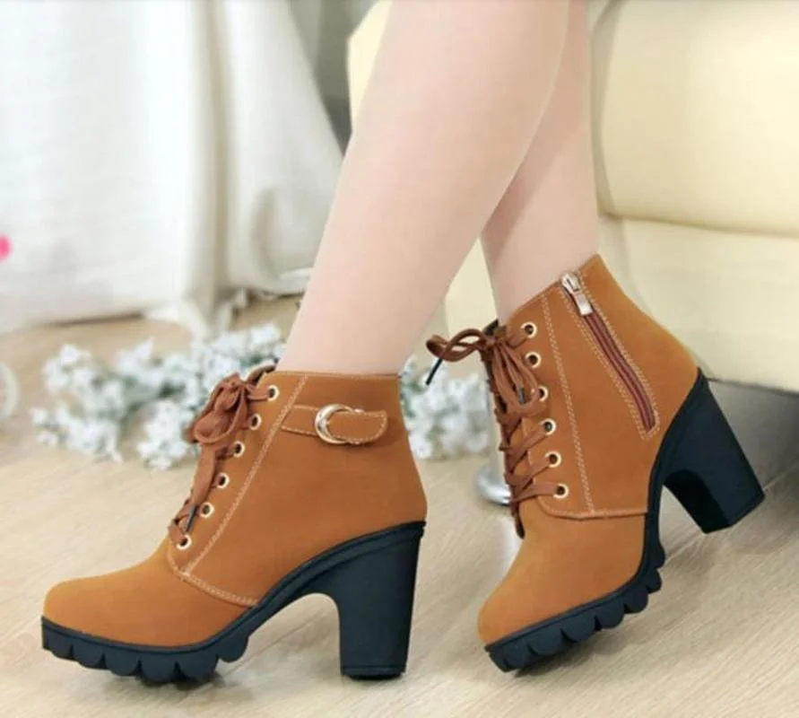 Boots Women Shoes Women Fashion High Heel Lace Up Ankle Boots Ladies Buckle Platform Artificial Leather Shoes Botas Feminina