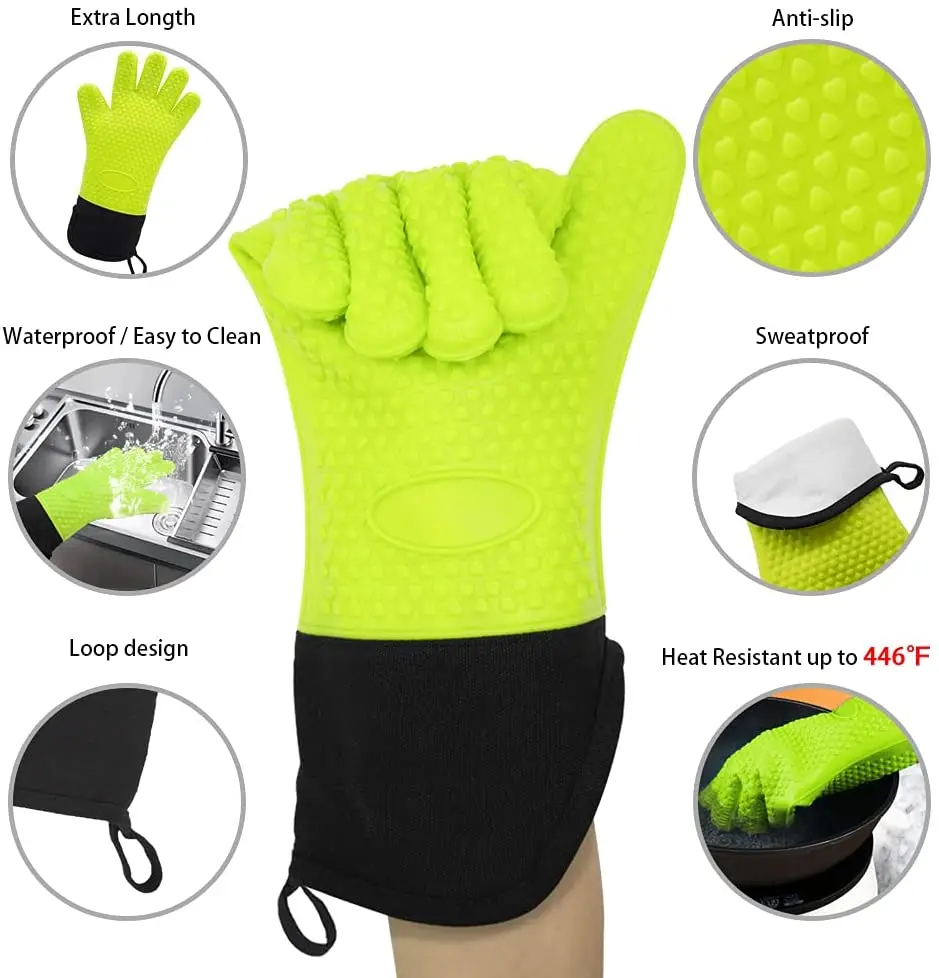 Long Waterproof Non-Slip Silicone Cooking Gloves Grilling Gloves Heat Resistant Gloves BBQ Kitchen Silicone Oven Mitts