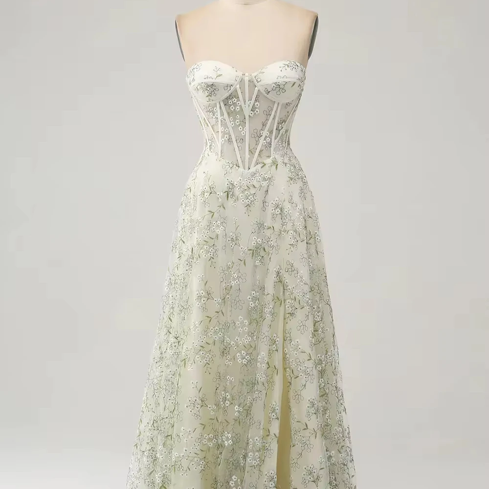 Elegant A-Line Light Green Corset Slit Prom Dress with Embroidery See Through Strapless Long Evening Dress with Lace-Up Back