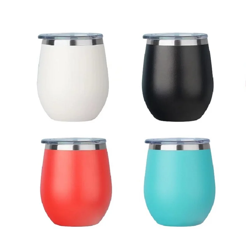 8oz Small Double Wall 304 Stainless Steel Egg Shape Wine Beer Tumbler Insulate Drinking Coffee Cup With Straw and Plastic Lid