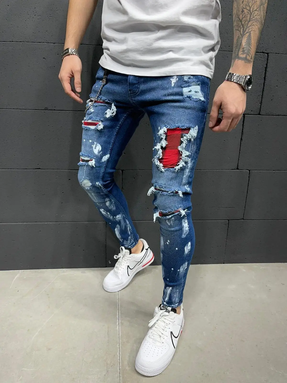 Newly Arrived Custom High Waist Skinny Jeans Patch Ripped Hole Men Stacked Pants Men Stretch Trousers Jeans
