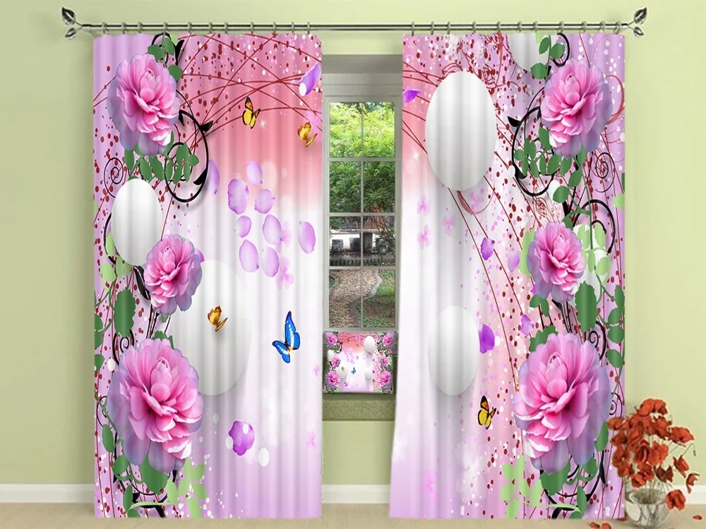 Bindi High Quality Love Style Polyester Beautiful Flower Ball Butterfly 3D Landscape Floral Blackout Curtains