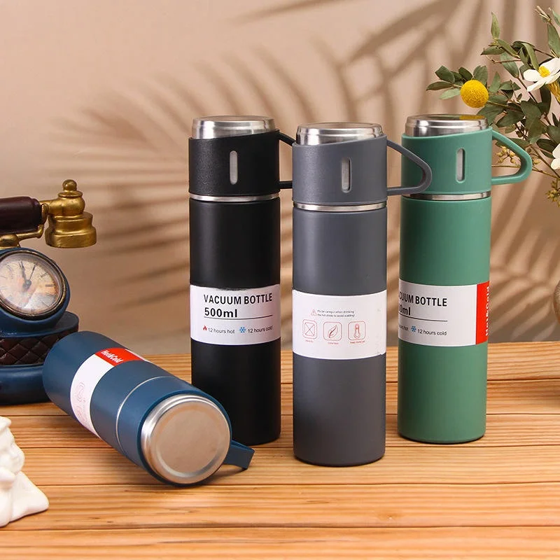 Hot Sale 500ml 304 Stainless Steel Insulated Mug Coffee Thermos Water Mug Vacuum Kettle One Cup 3 Lids Set