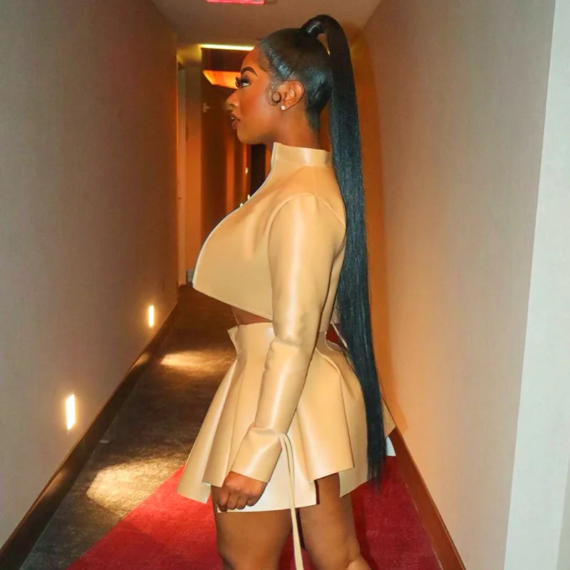 Trendy Women Winter Outfit Party Wear Pleated Skirt And Crop Top Jacket Set Two Pieces Solid Color Leather Sexy Skirt Set