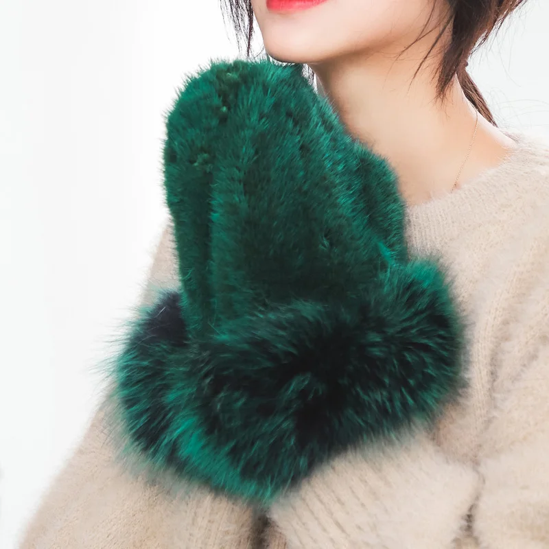 MWFur Fashion Knitted Mink Fur Gloves With Fox Fur Trimming Luxury Winter Mink Mittens Lady