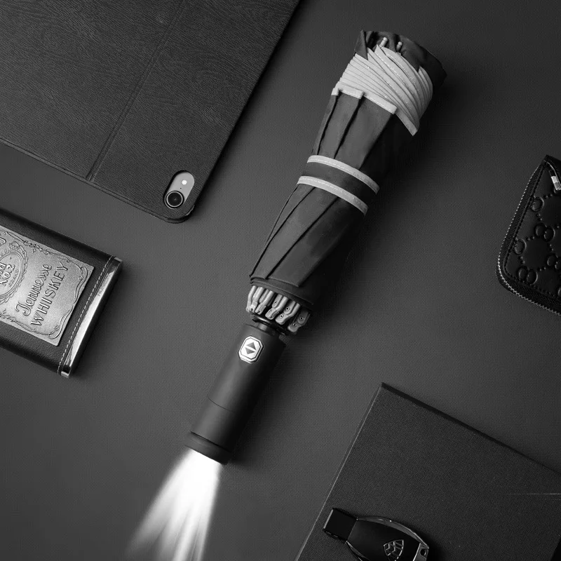 LED Automatic Windproof Umbrella With Reflective Stripe Reverse Light Umbrella Three Folding Inverted Umbrellas