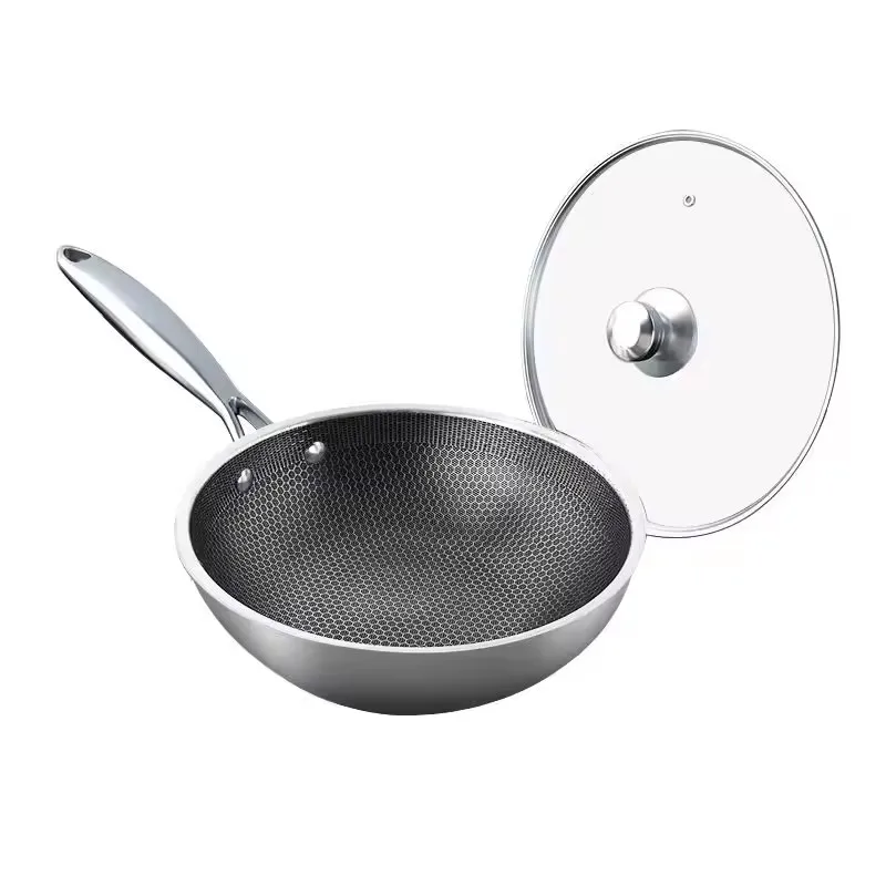 Modern Design Chinese Nonstick Wok Pan Stainless Steel Cooking Frying Pan Glass Lids Flat Induction Cooker Honeycomb Cooking