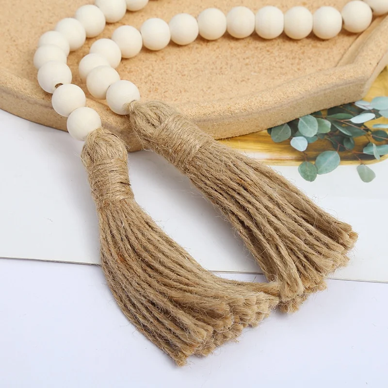Handmade 14mm/16mm Hemp Rope Tassel Wall Hanging Art Deco Design Style Wooden Beads String Ball Home Decorative Hemu Style