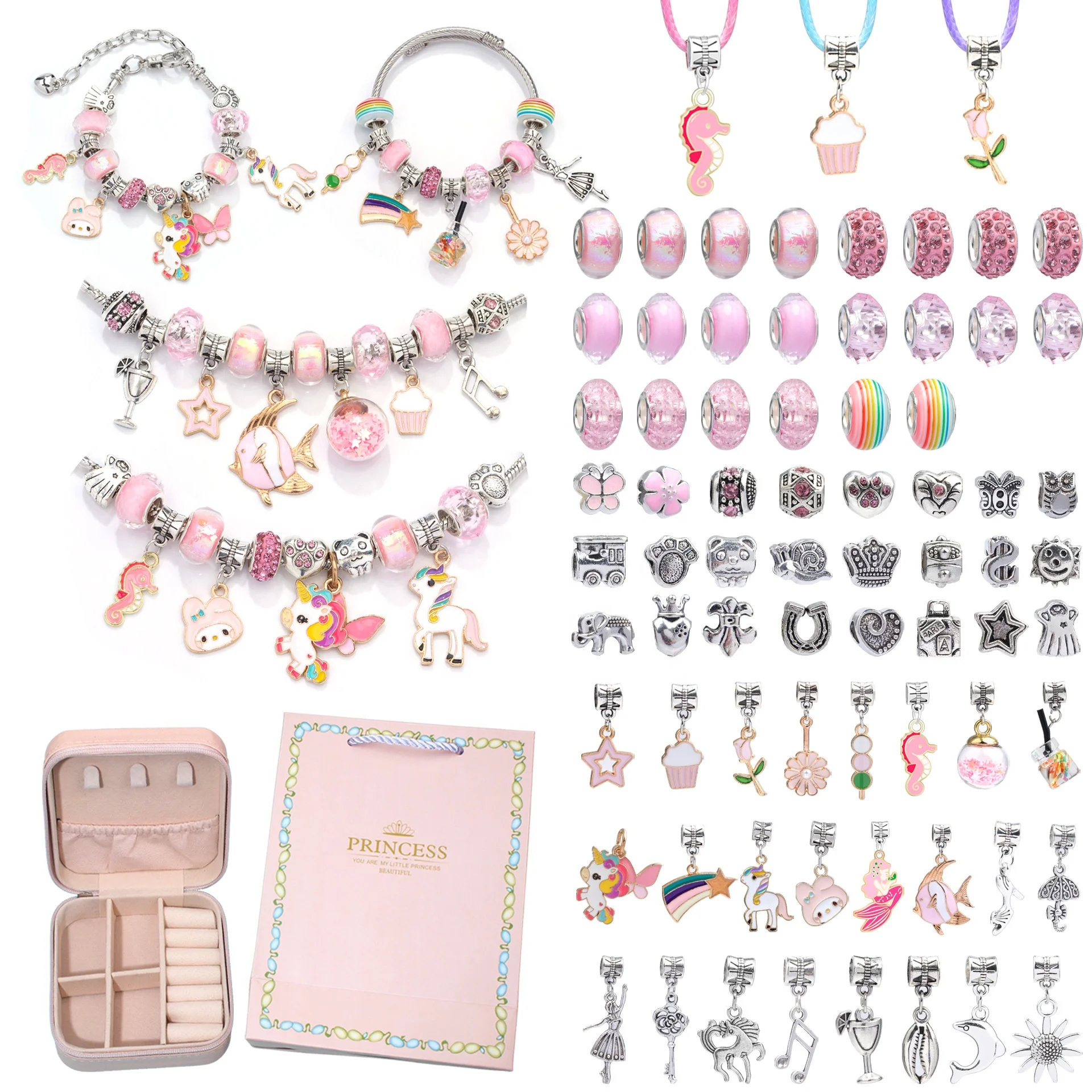 New Design Girls Charms Bangles Beaded Bracelets Set with Jewelry Box Crystal Bracelet Making Kits