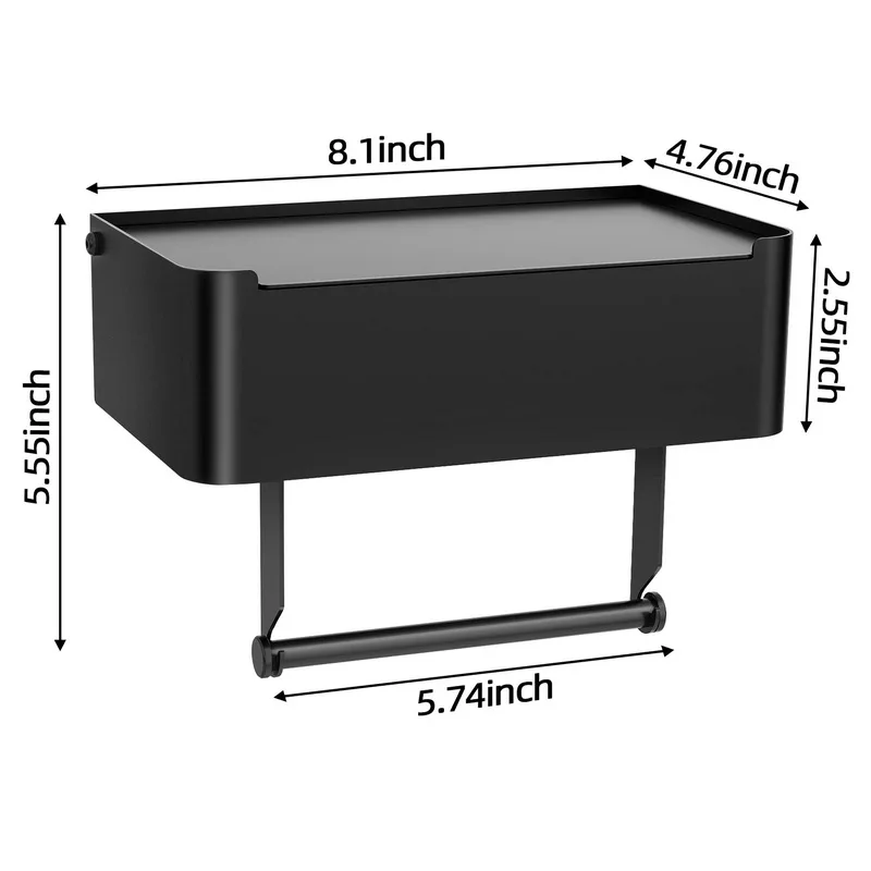 Commercial Stick on Wall Mount Chrome Tissue Box Bathroom Black Toilet Roll Paper Holder With Storage Organizer Shelf Dispenser