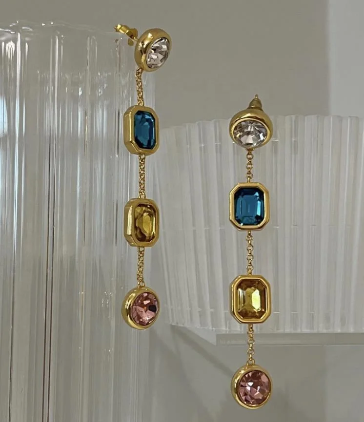 Fashion retro long earrings pendant with colorful zircon tassel design and diamond plated square zircon earrings