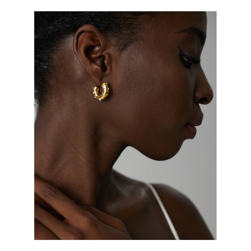 JINYOU 438 Stainless Steel Unusual Earrings Delicate Cubic Zirconia Geometric Chunky Charm Hoop Earrings for Women