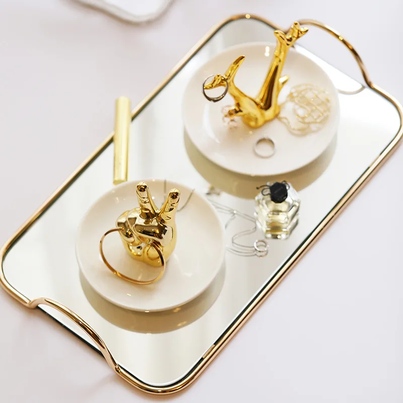 Light luxury metallic gold  mirror tray jewelry decorative plate cosmetic storage rack large capacity tea set tray