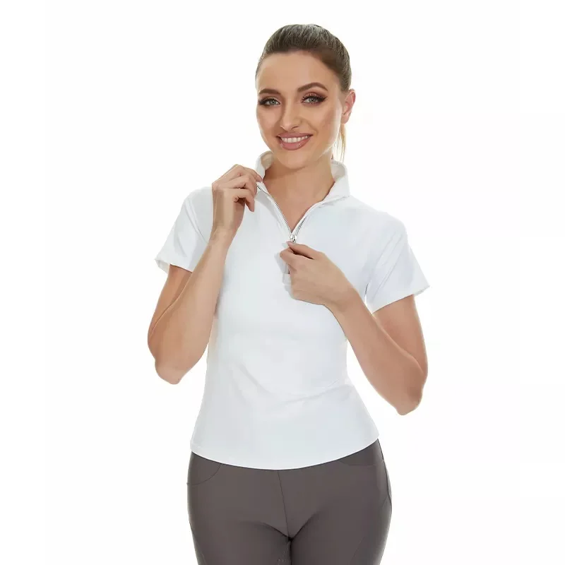 Customized Logo Hangtag White Lady Spandex Tops Riding Short Sleeve Equestrian Collared Shirts For Women