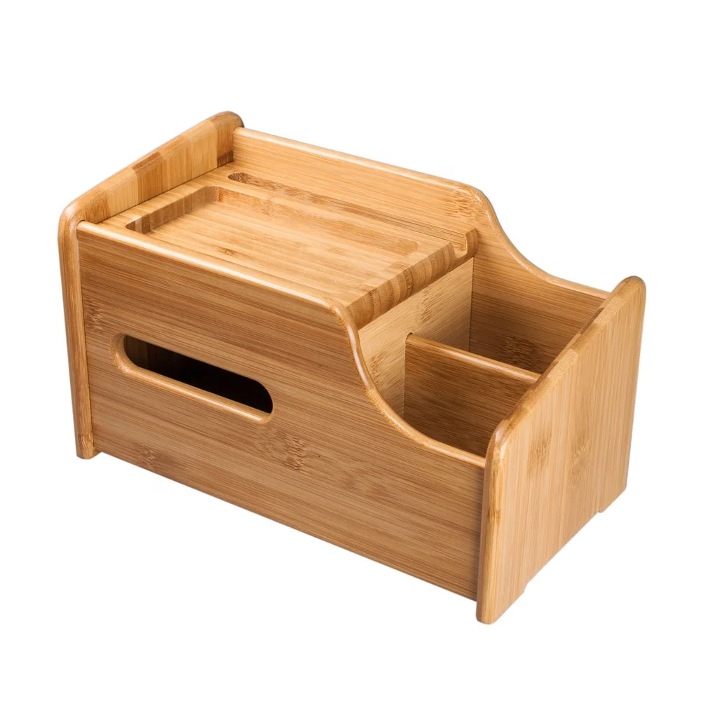 custom made Eco-friendly Office Desktop Stationery Bamboo Wooden Desk Organizer With Tissue Box