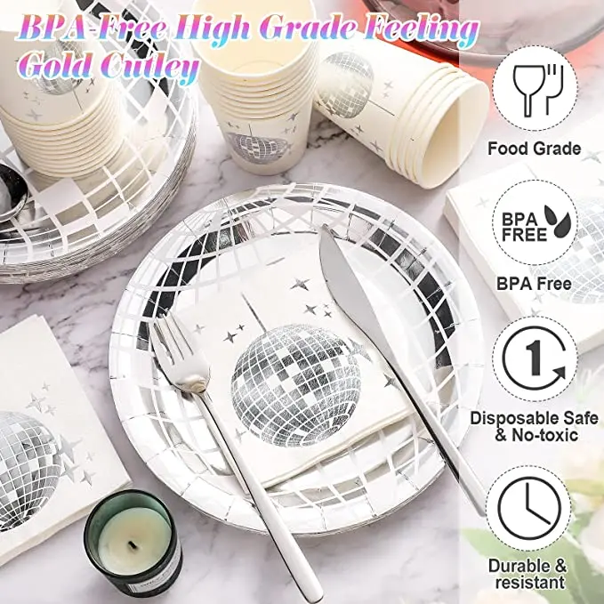 Pafu Disco Wedding Party Picnic Travel Disco Ball Dinner Plates Paper Cups Napkins 70s Disco Party Supplies