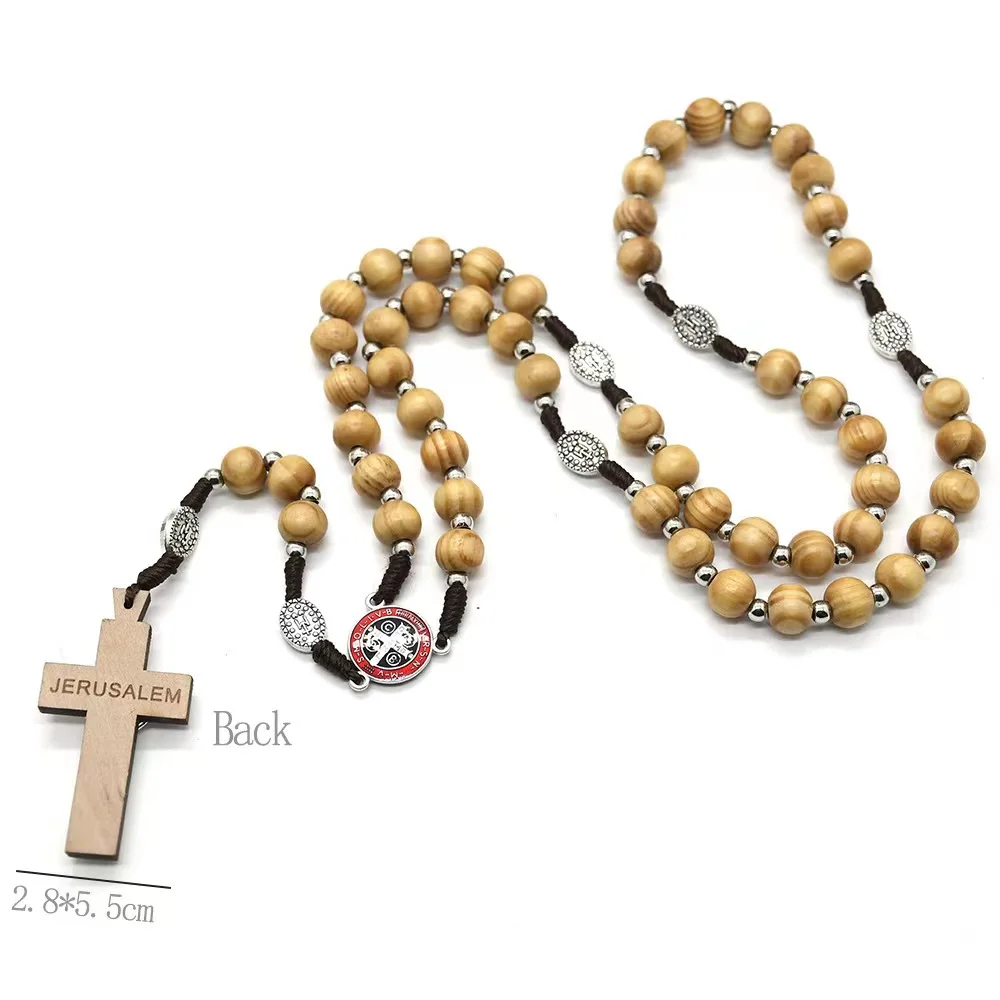 Jerusalem Rosary Necklace Handmade Solid Pine Wood Cross Necklace Religious rosary necklace