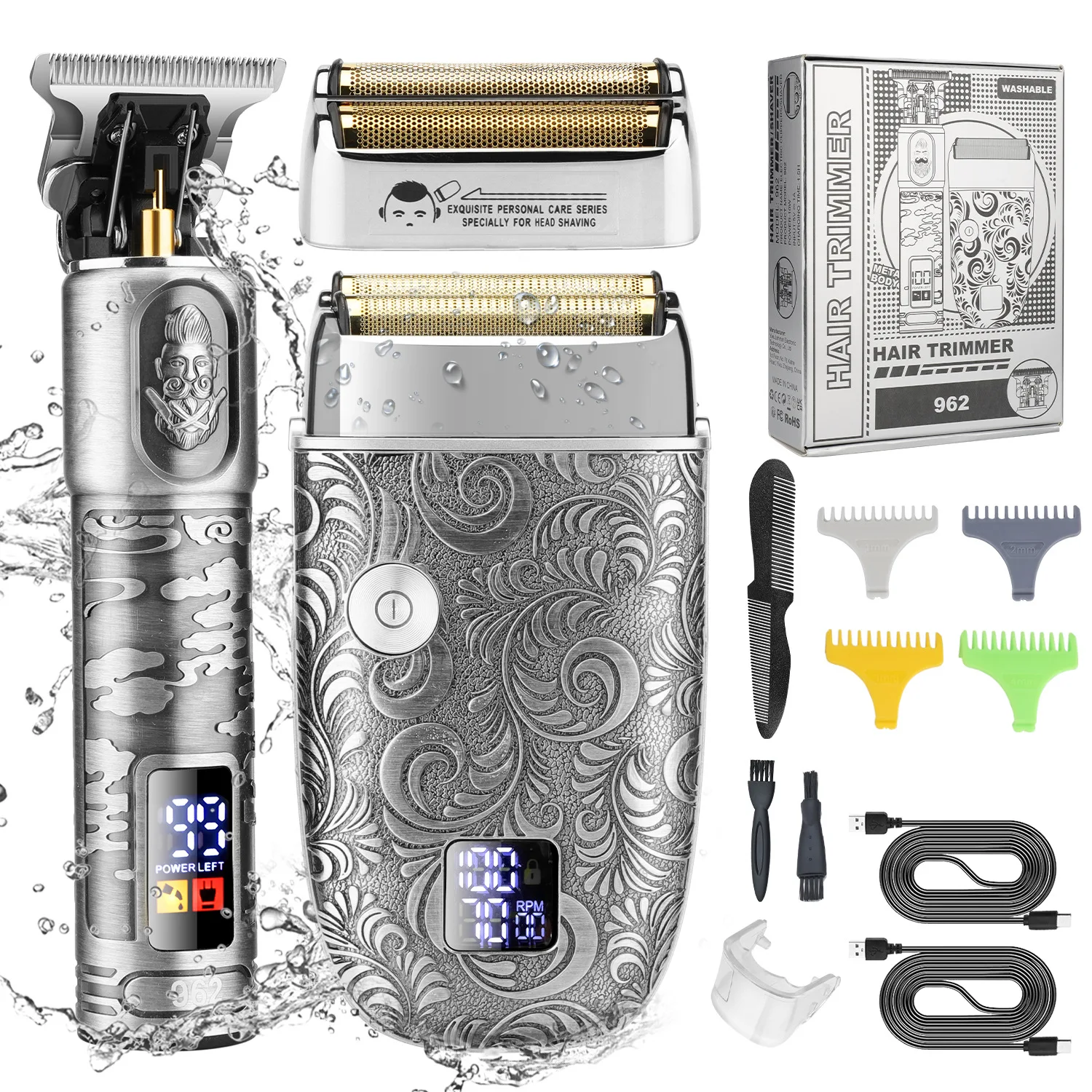 Suttik 962 Rechargeable 2 IN 1 Hair Beard Electric Shaver For Men Powerful Electric Razor Head Bald Shaving Machine Trimmer