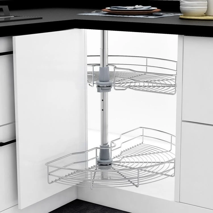 Kidney Shaped Chrome Corner Organizer 2-Shelf Stainless Steel Lazy Susan Kitchen Cabinet Blind Corner Organizer/Rotating Basket