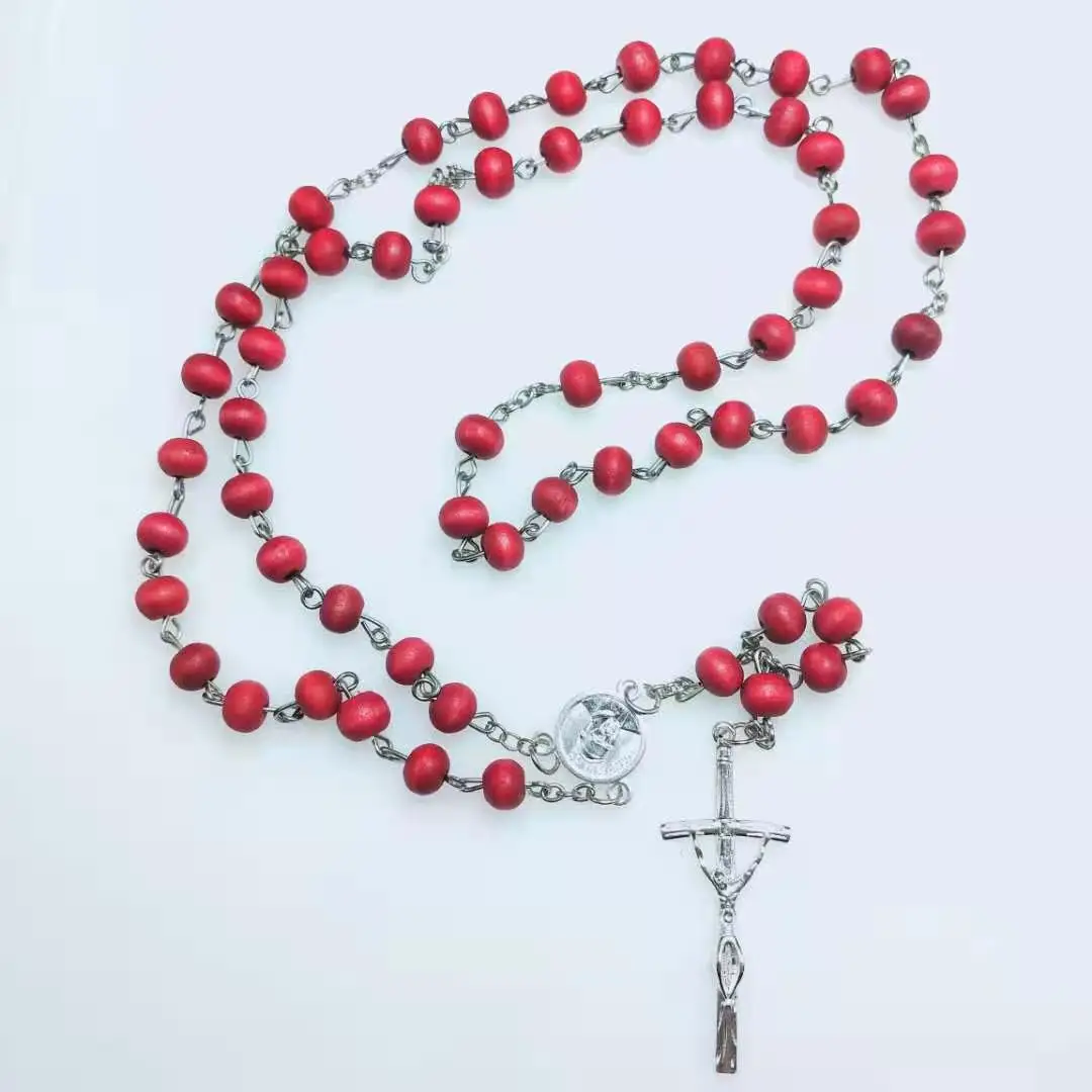 Perfumer Rose Scent Wood Beads Religious Pope Francis Catholic Rosary Necklace With Crucifix &plastic Saint case