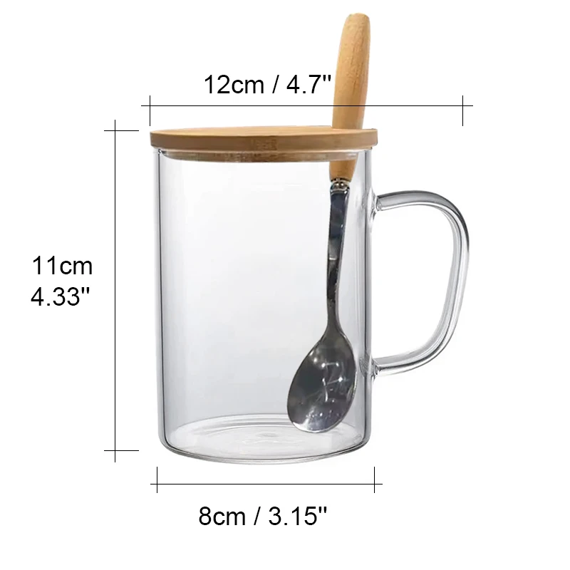 16oz Sublimation Glass Cup with Handle Blank Transparent Glass Mug with Bamboo Lid and Spoon Coffee Milk Juice Tea Cup