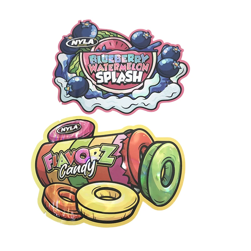 Пакеты для конфет по индивидуальному заказу Детские устойчивые печенья жевательные травы термопечать голограмма с металлическим эффектом съедобные вырезанные майларовые пакеты 3 5 г