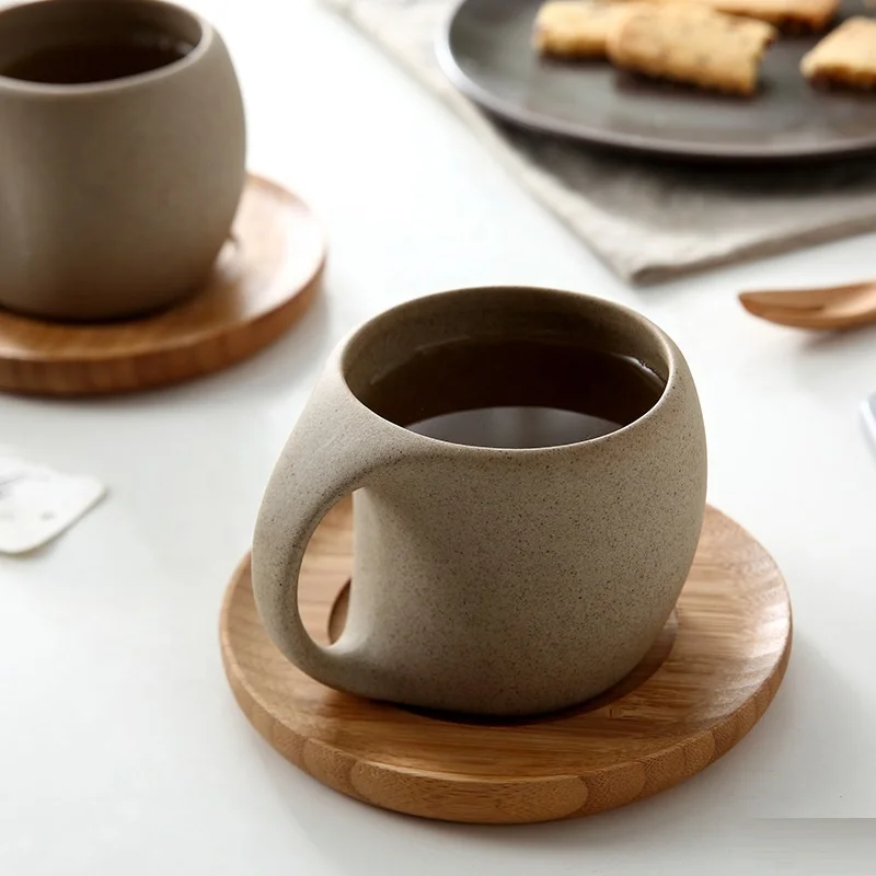 Vintage Nordic Ceramic Coffee Cup With Bamboo Tray Saucer,Handmade Vintage Pottery Coffee Mugs With Plate Tray Set