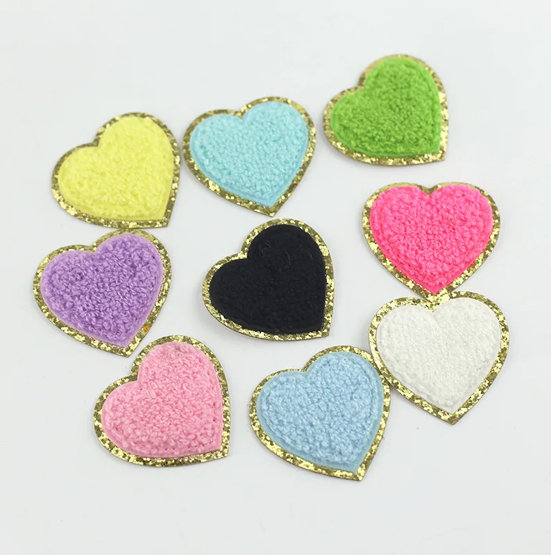 High quality Heart glitter chenille iron on clothing applique patch for kids