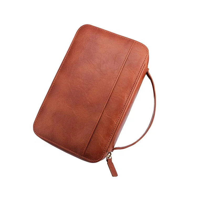 Portable multi-function brown leather cedar wood lined 5 holder travel cigar case with  cutter and lighter storage