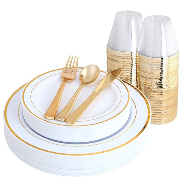 Wedding Birthday 300 Pieces Reusable Gold Rimmed Plastic Party Plates Cutlery Set Tableware Disposable Dinnerware Set