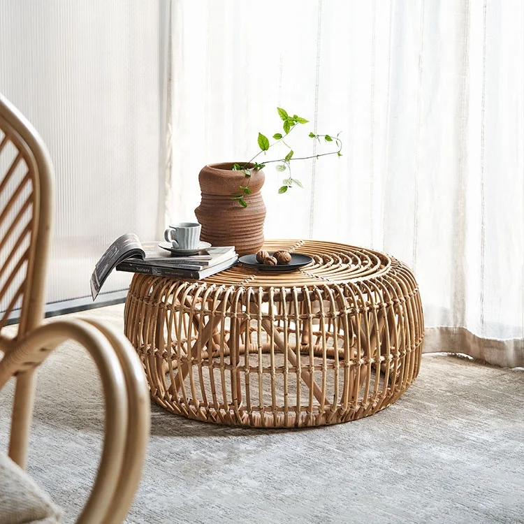 living room furniture wholesale rustic farmhouse round low small floor straw rattan tea table with mat