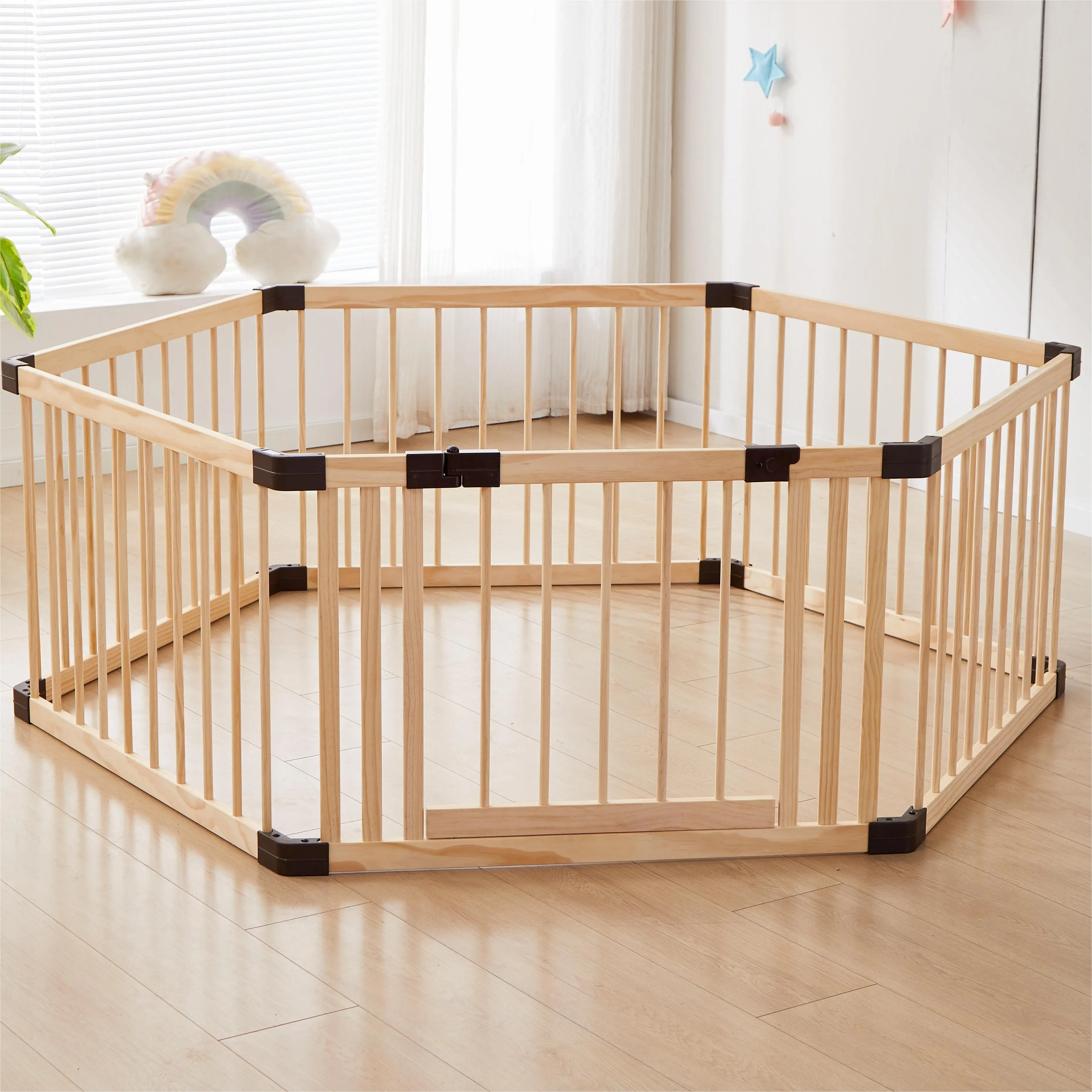 Kids Baby Toddler Playpen Indoor Portable Wooden Freestanding  Kids Baby Pet Cats Dogs Animals Toy Play Fence with Door