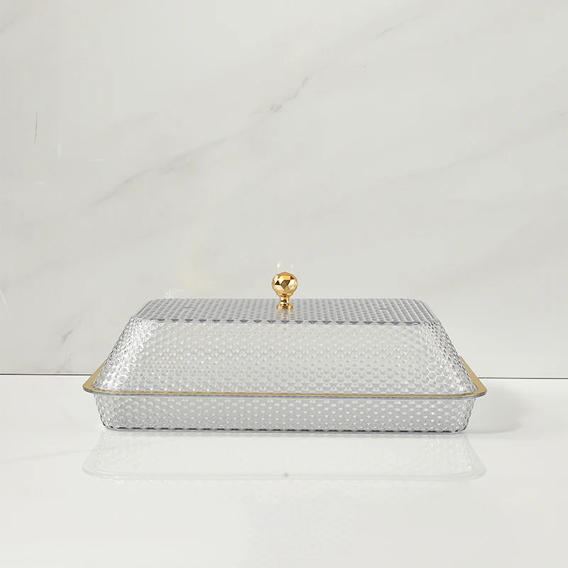 Traditional Gold Patten Transparent  Rectangle or Round Party Decorate Plastic Serving Trays Clear Charger Plate with lid