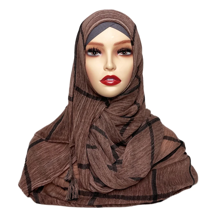 Designers custom muslim women dirty-dyed viscose bandana knitt scarf tassel cotton jersey khimar hijab plaid neck shawl fashion