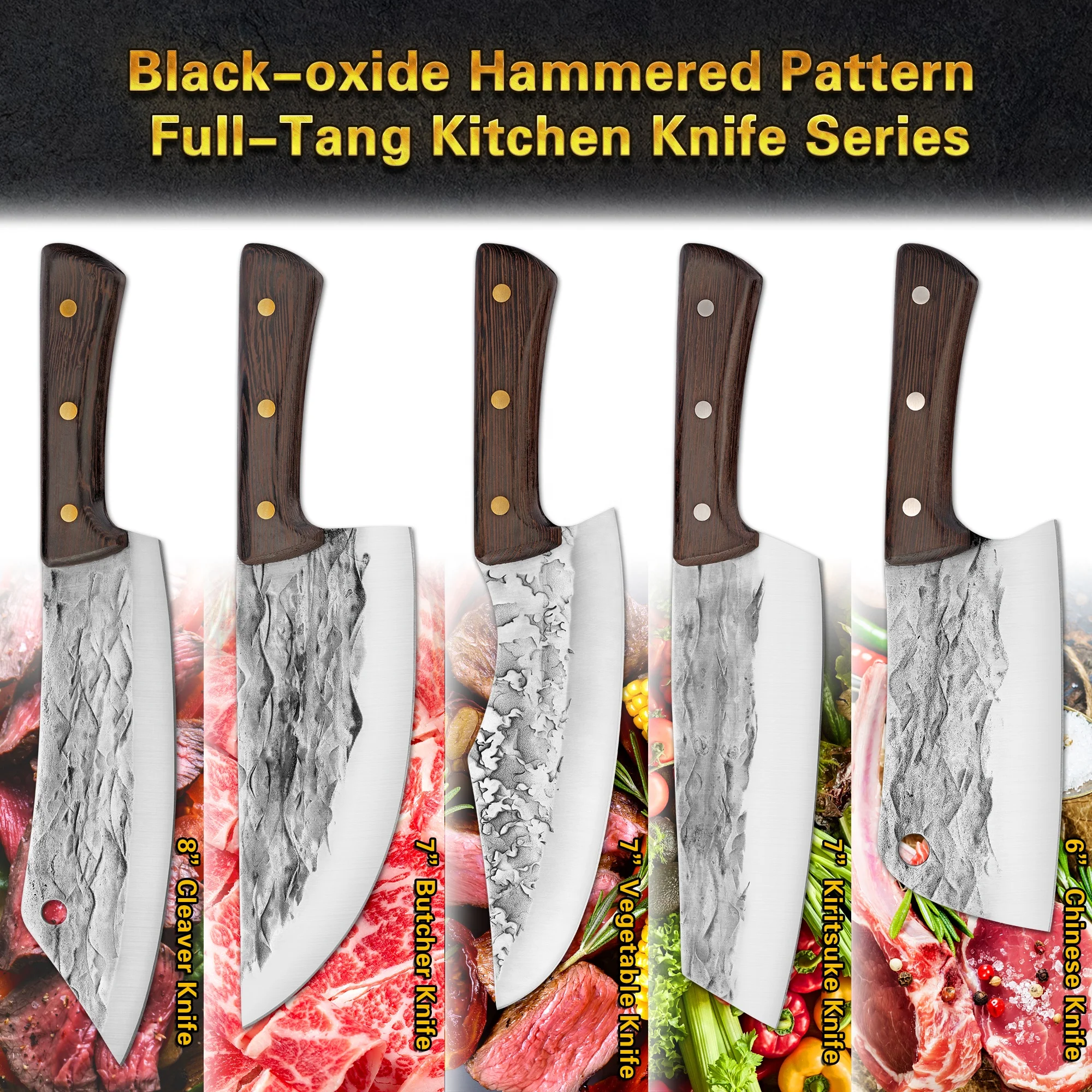 10% Off Custom Logo Full-Tang Super Heavy Duty 7 inch butcher knife set stainless steel slaughter with wenge wood handle