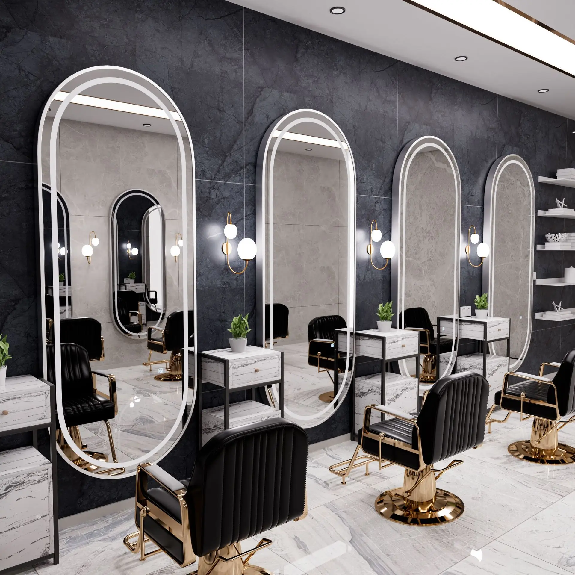 2024 Modern Golden Round Hairdresser With Led Light Salon Mirror Use In Beauty Salon Mirror Station