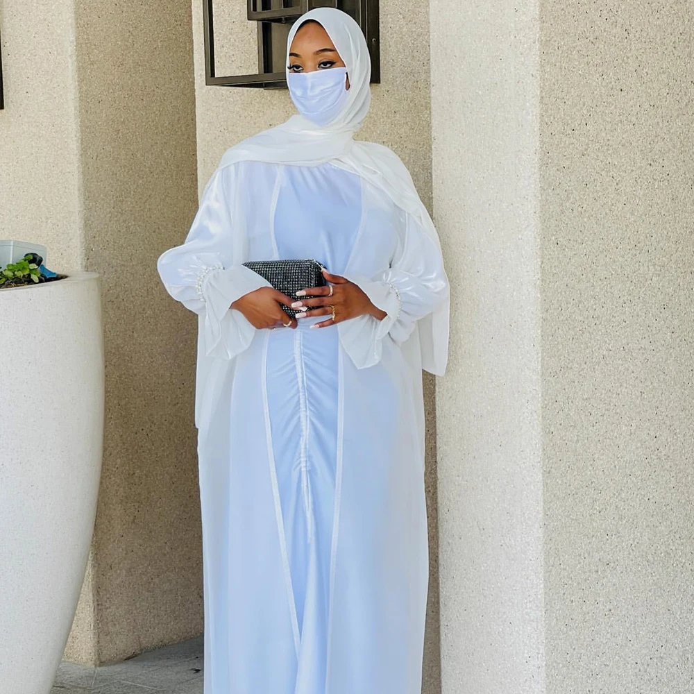 Turkish Muslimah Voile Open Abaya White and Black Abaya Women Muslim Dress 2023 Dubai