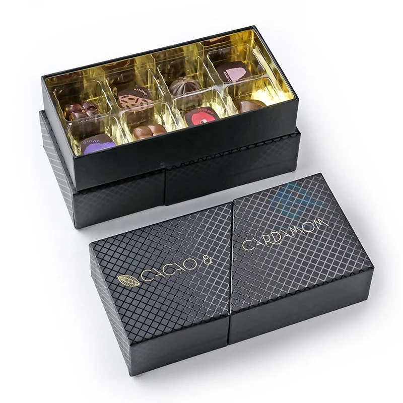 Custom 2 Layer Black Chocolate truфель бумажная упаковочная коробка с ПВХ вставкой роскошные открытые двери шоколад подарочные коробки