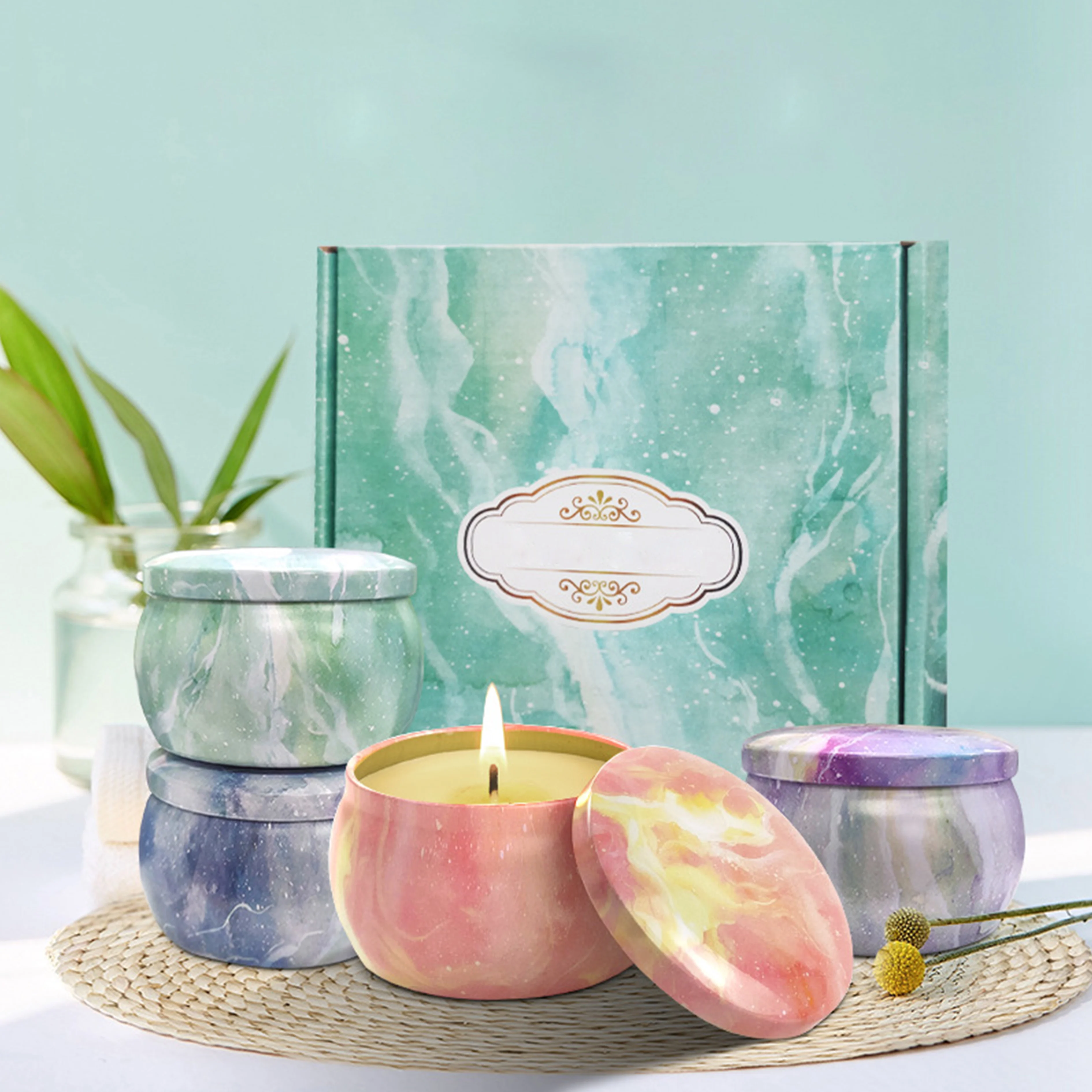 Blue And White Essential Oil Scented Soy Wax Massage Fragrance Candle In Medium Iron Jar